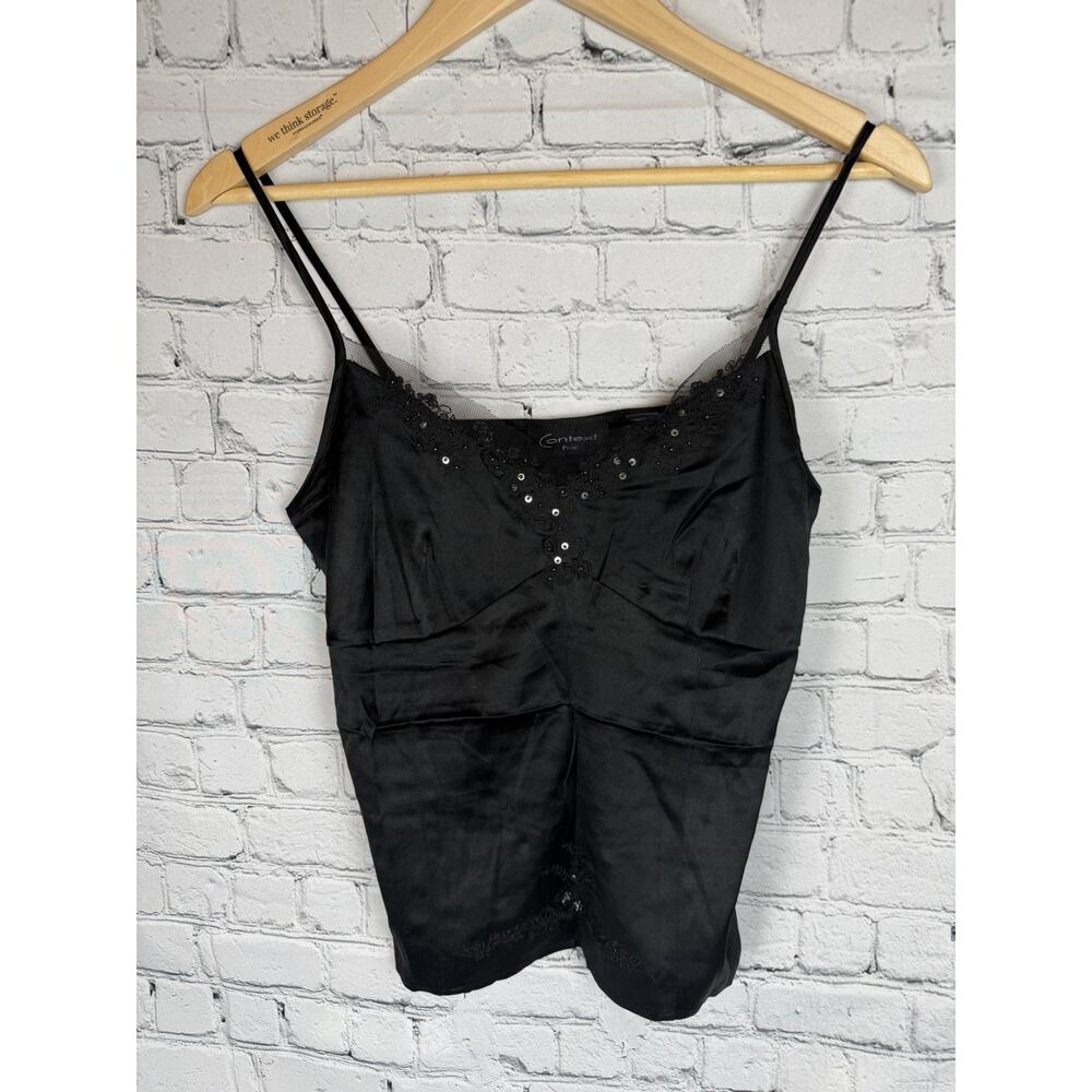 Context Petite‎ Silk Rhinestone Babydoll Tank Black Y2K 4P Camisole Cami Lace